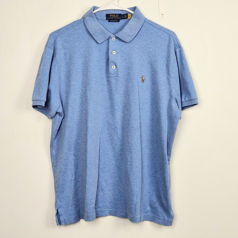Polo Ralph Lauren Mens Polo Shirt Sz L Custom Slim Fit Cotton Light Blue Heather